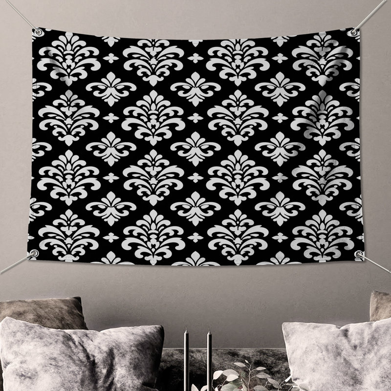 Tapisserie murale noir et blanc damassé, H 68 po x l 80 po avec 4 œillets