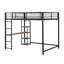 Lit mezzanine double en métal avec bureau intégré et tablettes de rangement, noir