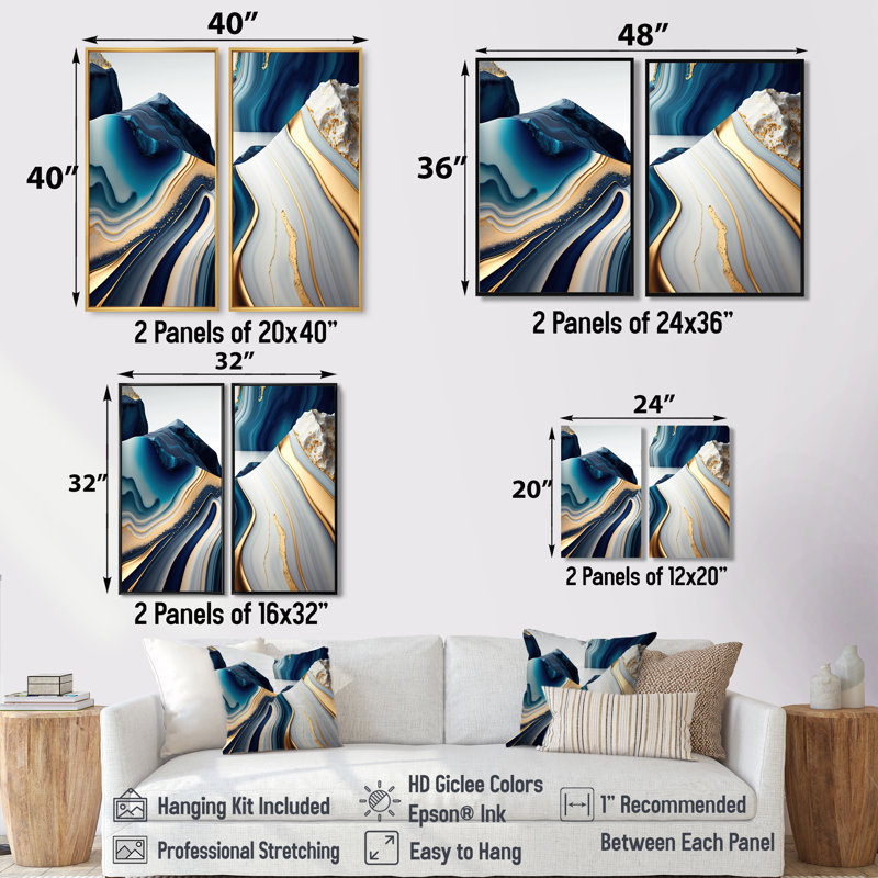 Abstrait géométrique vagues bleues et dorées I - art mural bleu 2 pièces, Impression encadrée flottante, H 36 po x l 48 po