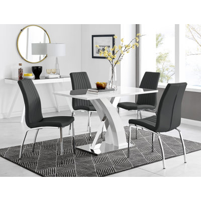 Marietta Chrome Metal and White High Gloss Dining Table Set - 4 Luxury Soft Touch Dining Chairs
