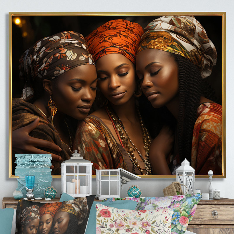 World Cultures Sœurs I - Art africain américain, art mural, H 16 po x l 32 po x P 1 po, Cadre flottant doré