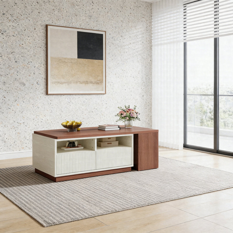 Table basse extensible, table basse réversible centrale avec 2 tiroirs et rangement caché