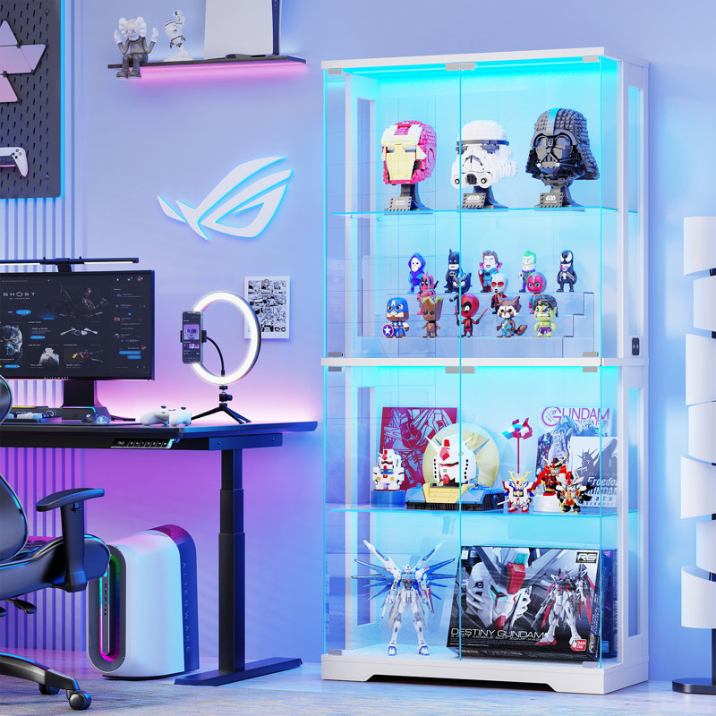 China Cabinets With Glass Doors, 4-tier Curio Cabinet With 3 Color Lights For Collectibles, 65" Lighted Glass Display Case With Transparent Full-display Surface, Human Body Sensor,white