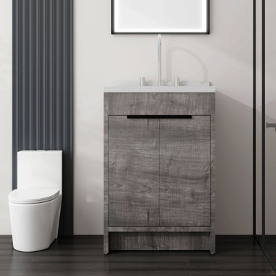 Meuble-lavabo autoportant de 24 po avec lavabo, porte à fermeture en douceur, comptoir et dosseret en marbre de culture blanc de 2 po Carrara, contreplaqué, gris
