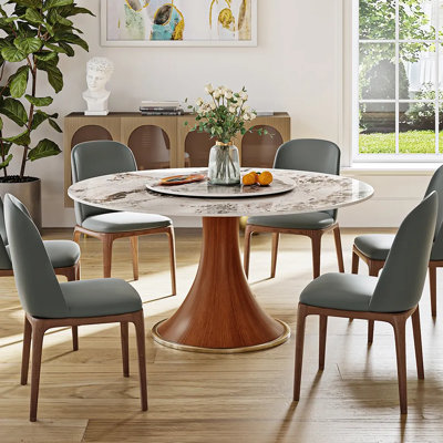 Farmhouse Glossy Sintered Stone Round Dining Table With Lazy Susan For 6-8 with Wood Pedestal Base