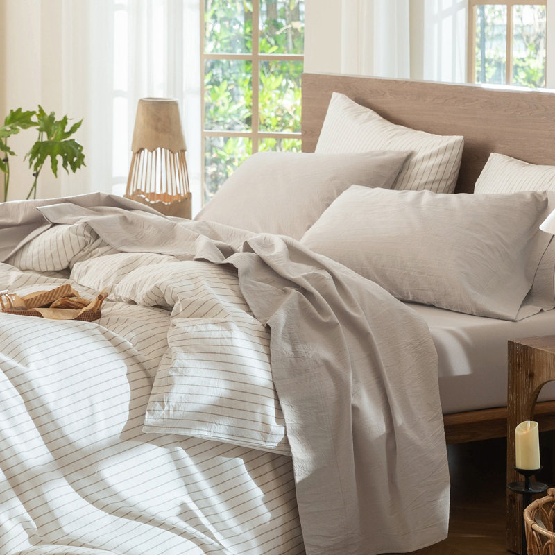 MooMee Sheet Set Extra Deep Pocket 100% Washed Cotton Linen Like Textured Lightweight Breathable, Cream Gray