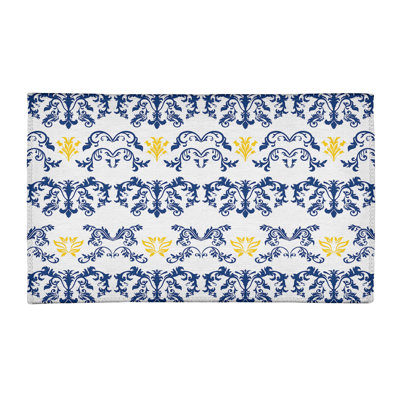 Tapis damassé blanc / bleu marine