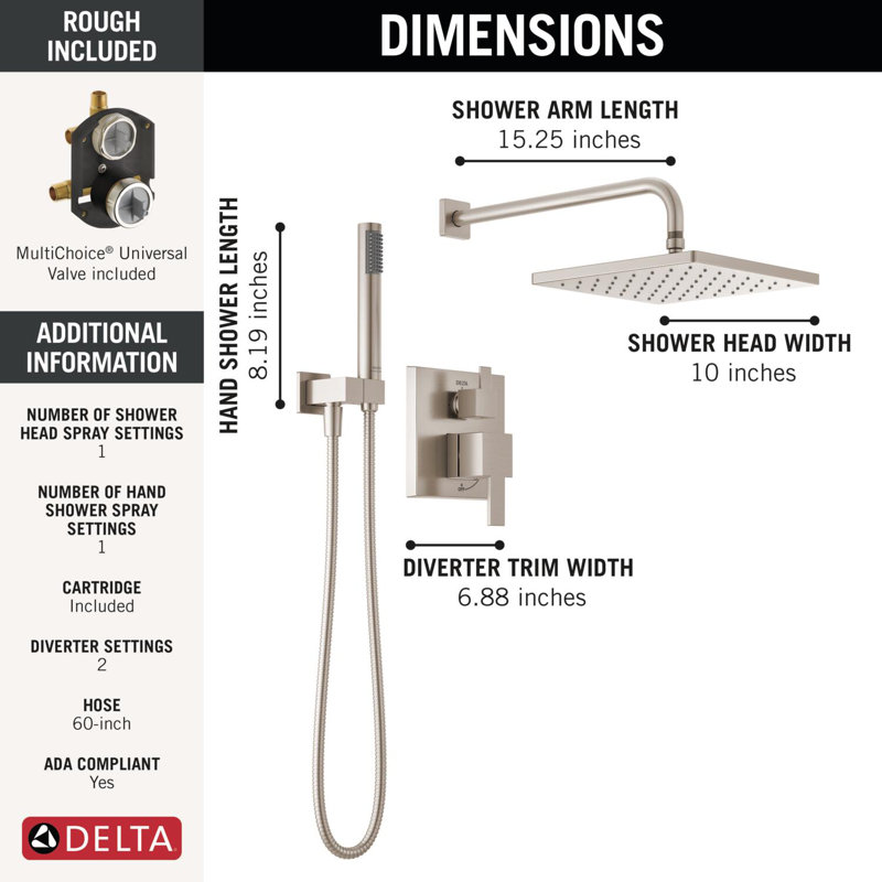 Modern Raincan Square Shower System, Rain Shower Head with Handheld Spray, Shower Faucet Set, Spotshield Brushed Nickel