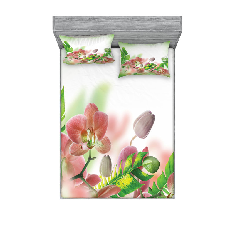 Drap-housse et coussin décoratif Ambesonne Spring, pêche et vert, Ensemble de draps pour grand lit + 4 taies d'oreil
