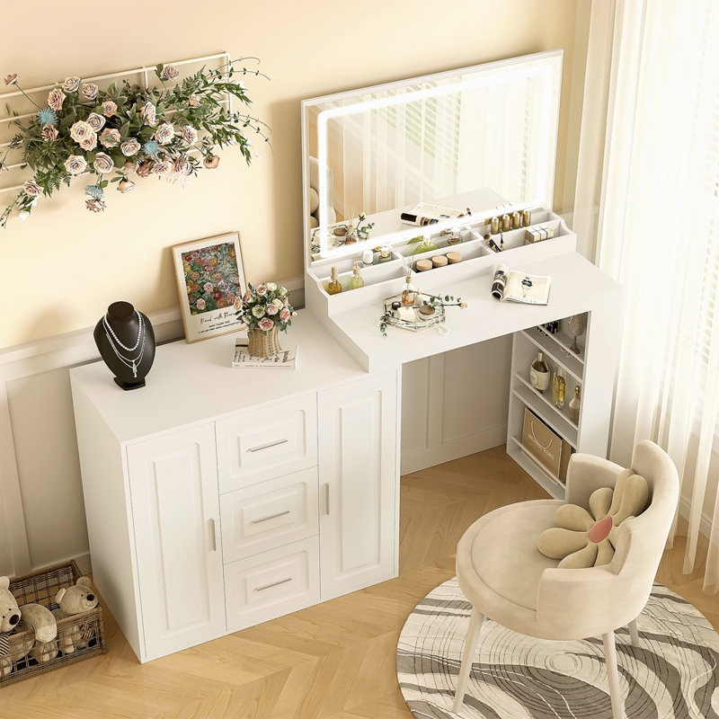 Coiffeuse de 59 po avec miroir, coiffeuse avec lumières, coiffeuse avec 3 tiroirs et 2 armoires, coiffeuse avec tablettes de rangement pour la chambre à coucher