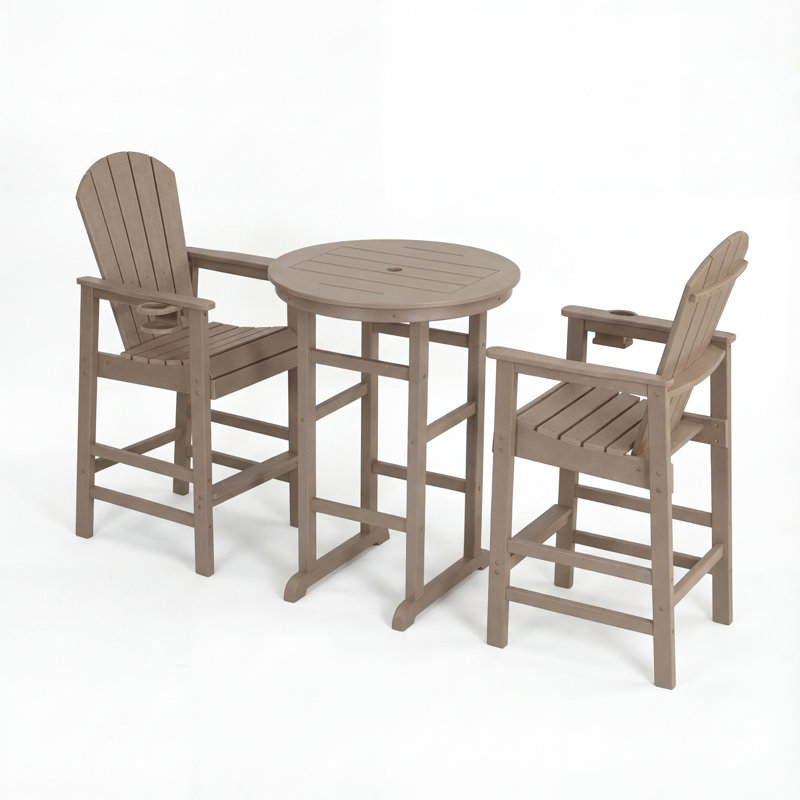 Table de bar ronde 3 pièces en PEHD avec 2 tabourets de bar, Naturel