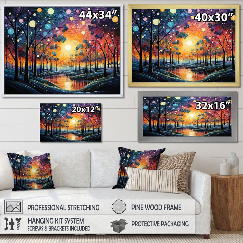 Collage d'arbres colorés IV sur toile, H 12 po x l 20 po x P 1 po, Encadrement doré