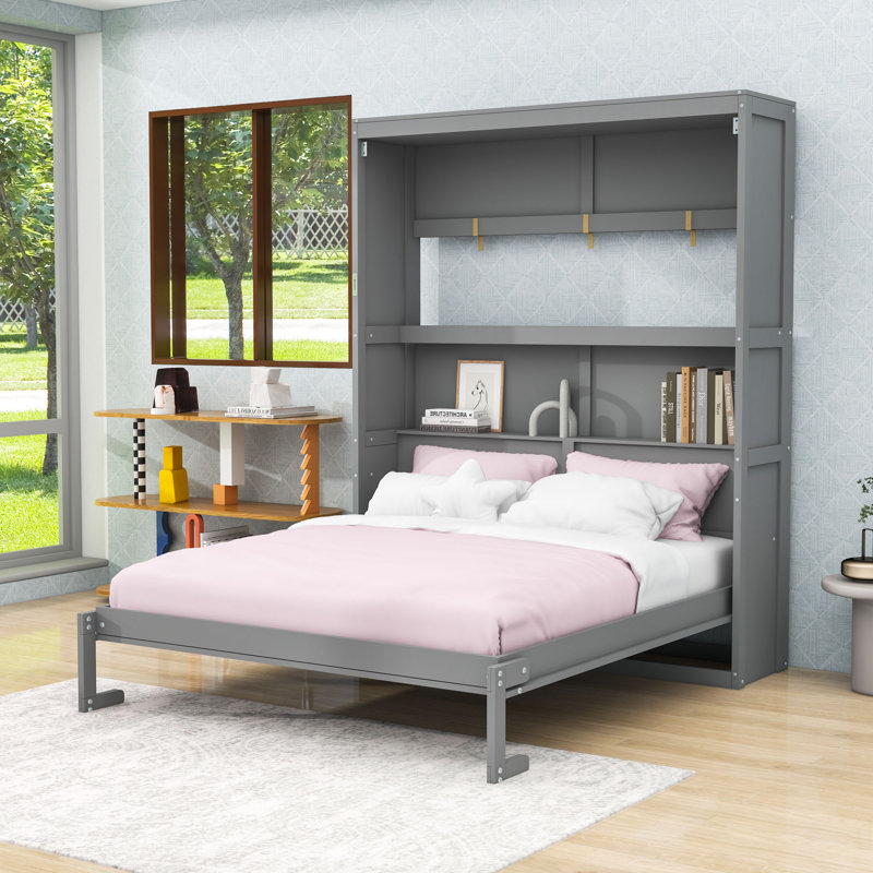 Murphy Bed with Mattress Holder and Slats, Gray, Queen
