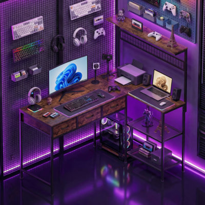 50.4" l-Shaped Gaming Desk, Reversible Corner Computer Desk with LED Lights
