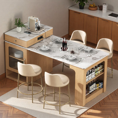 Îlot de cuisine avec table de salle à manger extensible, rangement double face, 2 tiroirs, prise de courant et tablettes latérales ouvertes