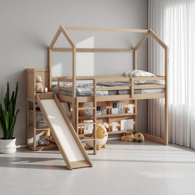 Twin Size Wood House Loft Bed With Slide, Storage Shelves And Light