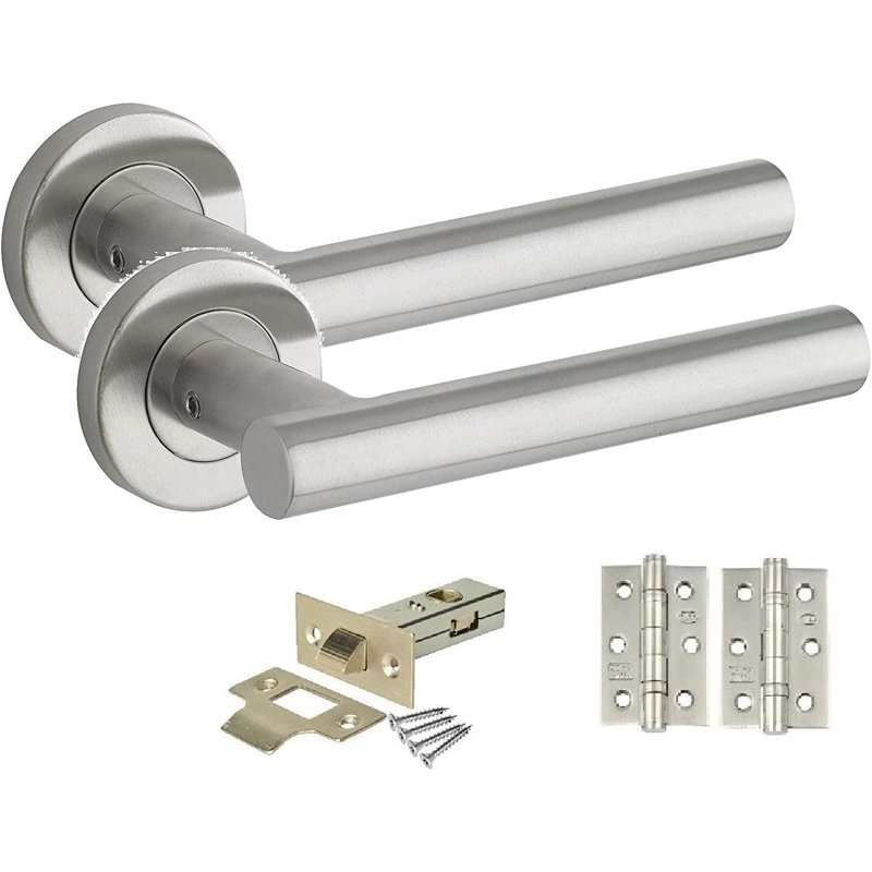 1 Pair Straight T-Bar Door Handles on Round Rose in Satin Nickel Finish with Ball Bearing Hinges and 64mm Tubular Latch