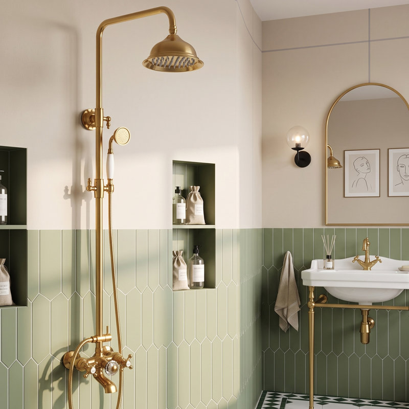 Système de douche mural vintage à hauteur réglable en laiton massif sans plomb avec douchette et bec de baignoire, Doré