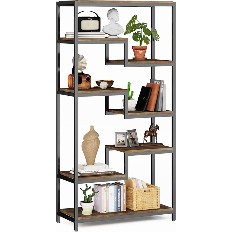 Bookshelf With Storage - 7 Tier Rustic Staggered Bookc...