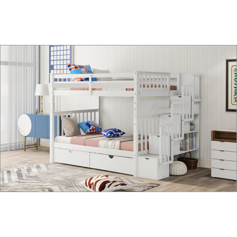 Lit superposé double au-dessus de double avec tablettes et 6 tiroirs de rangement, Blanc