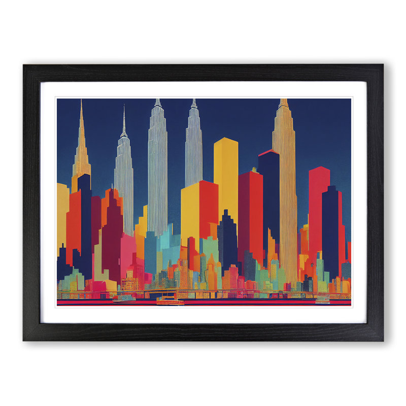 New York Skyline Retro Abstract - Single Picture Frame Print, Black, 46cm H x 64cm W