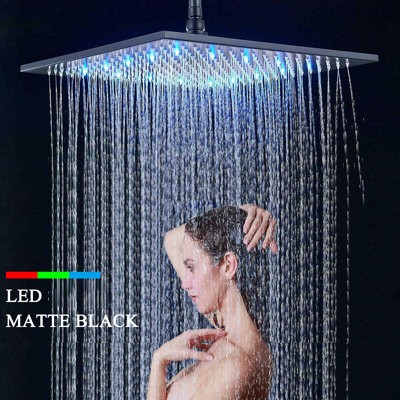 Pommeau de douche carré noir à effet pluie de 40 cm (16 po) avec jet supérieur haute pression et DEL en laiton massif