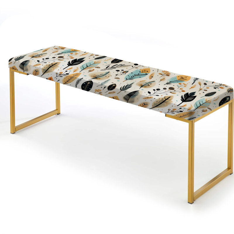 Botanical Upholstered Gold Bench, Rustic Bohemian Boho Pattern