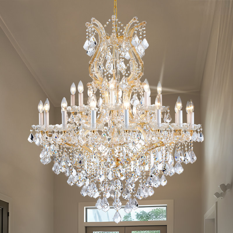 Humnah 24-Light Crystal Dimmable Tiered Chandelier, 46" H x 35.4" W x 35.4" D, Gold