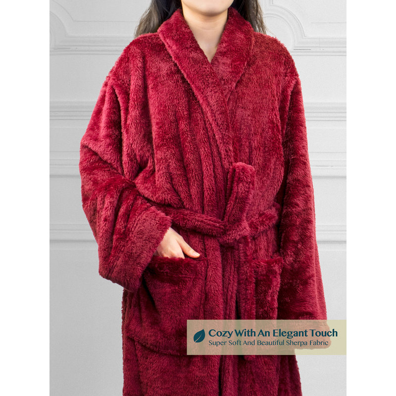 Wine Red Plush Fleece Bathrobe with Pockets, L/XL