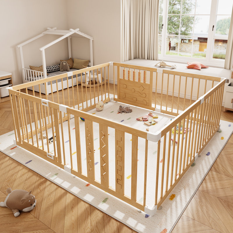 Parc pour bébé en bois naturel, 8 panneaux, porte et jouets inclus. Facile à assembler, grand parc portatif pour bébés et jeunes enfants, fabriqué en pin naturel.