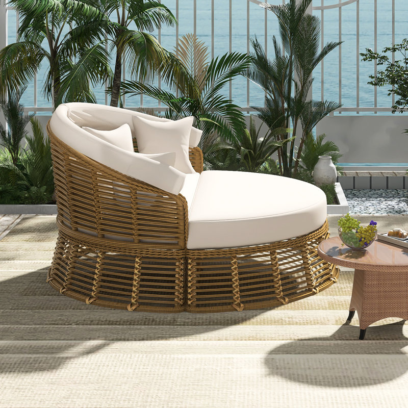 Outdoor Patio Rattan Round Daybed With Adjustable & Retractable Canopy ｜Wicker Furniture Round Poolside Sofa Sunbed With Removable Cushions In Beige｜ Backyard, Porch