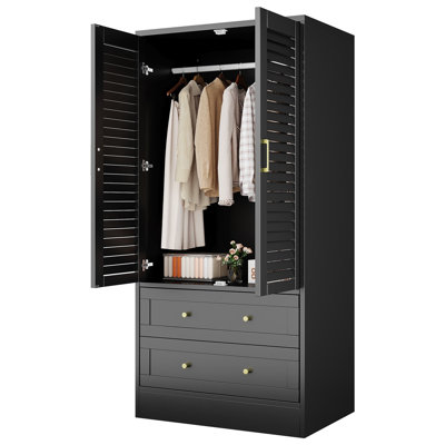 Armoire-penderie multifonctionnelle en bois composite 65 po - 2 portes, 2 tiroirs, tringle à vêtements, grande armoire de rangement pour les vêtements, la chambre à coucher, la buanderie ou le vestibule - Design moderne et durable, noir