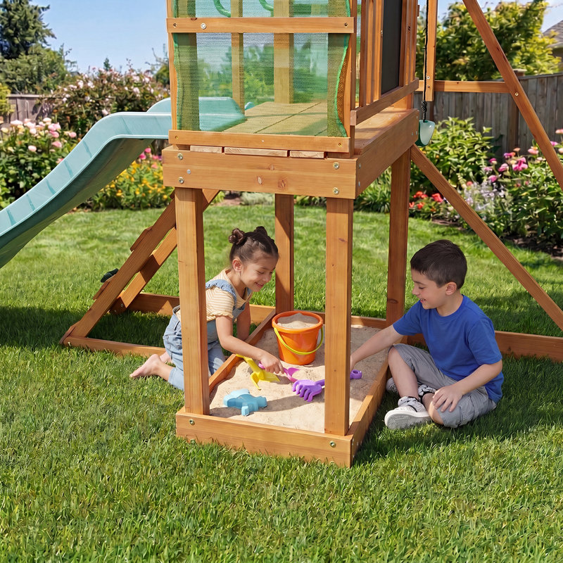 Ensemble de balançoire d'extérieur en bois avec glissade et mur d'escalade - idéal pour les cours et les aires de jeux