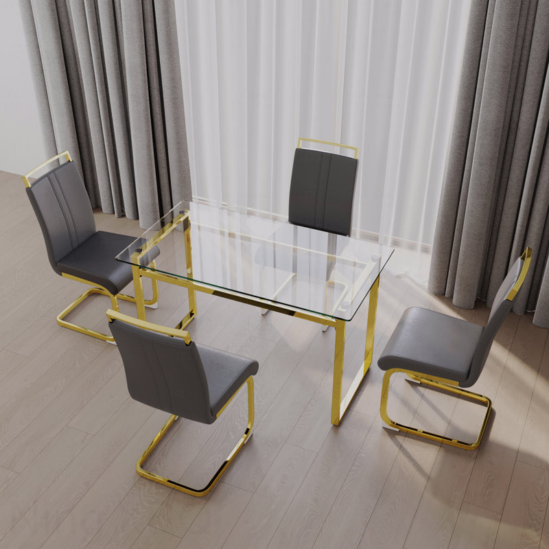 Ensemble de salle à manger moderne 4 pièces: table en verre trempé de 51 po (pieds dorés) et 4 chaises sans accoudoirs en polyuréthane
