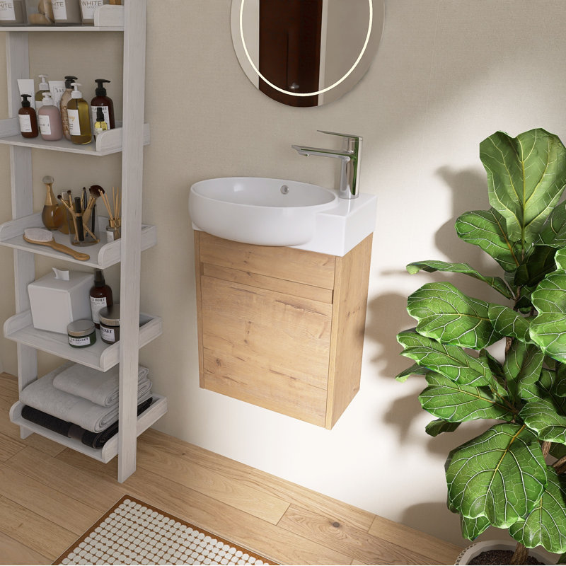 Meuble-lavabo mural 16 po avec lavabo rond en céramique Khyla, Beige