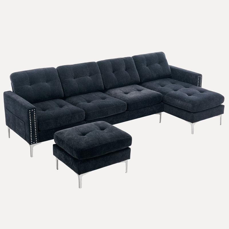 Canapé modulaire 3 pièces Jiuliana, Velours noir, Argent