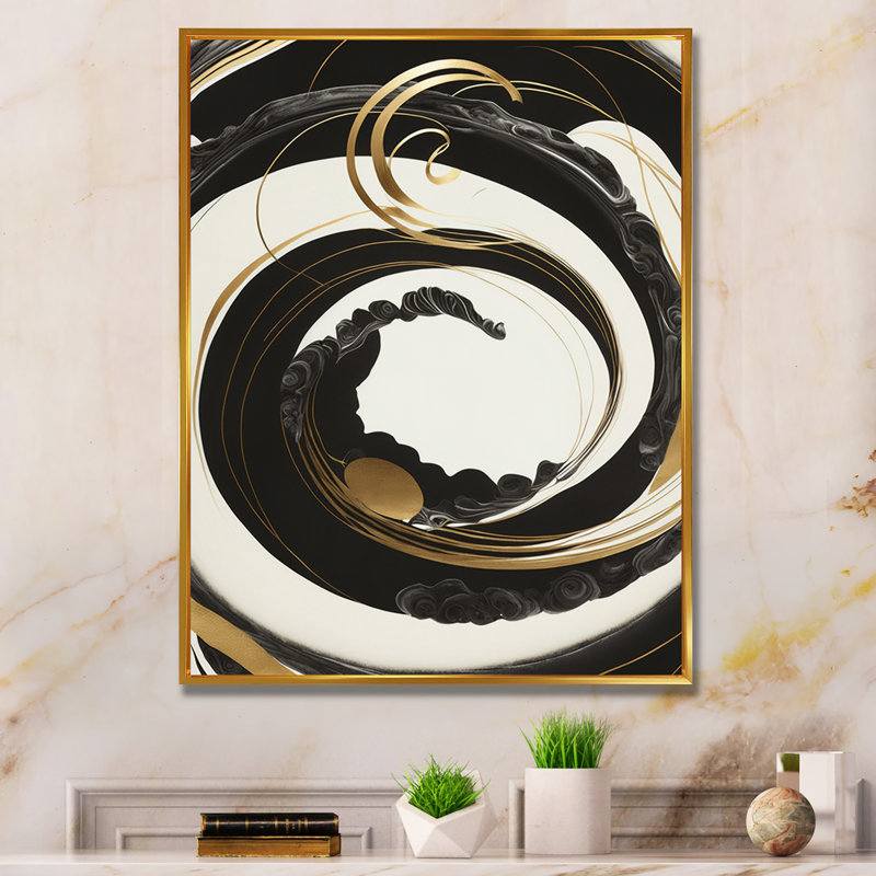 Noir, argent et or mélangeant des tourbillons VI - impression sur toile, H 32 po x l 24 po x P 1 po, Cadre flottant doré