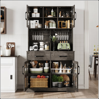 Garde-manger en bois Farmhouse avec rangement, station de charge et supports à vin pour salon moderne