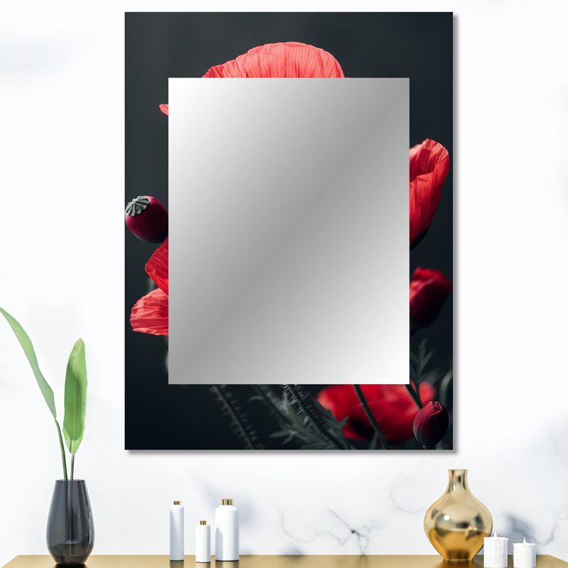 Rouge, noir, coquelicots, charme monochrome I - coquelicots, décor de miroir mural, 40 po x 30 po