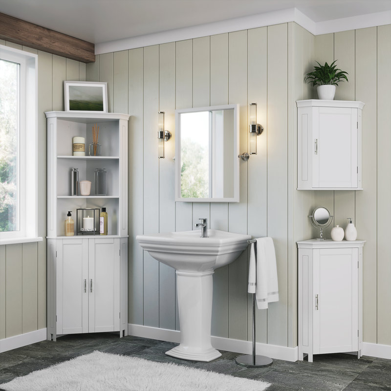 White Tall Corner Storage Cabinet with Adjustable Shelving