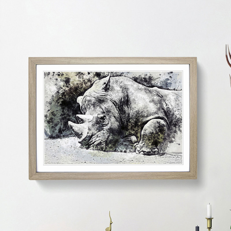 Resting Rhino in Abstract - Picture Frame Painting Print, Oak Framed, 48cm H x 65cm W x 2cm D