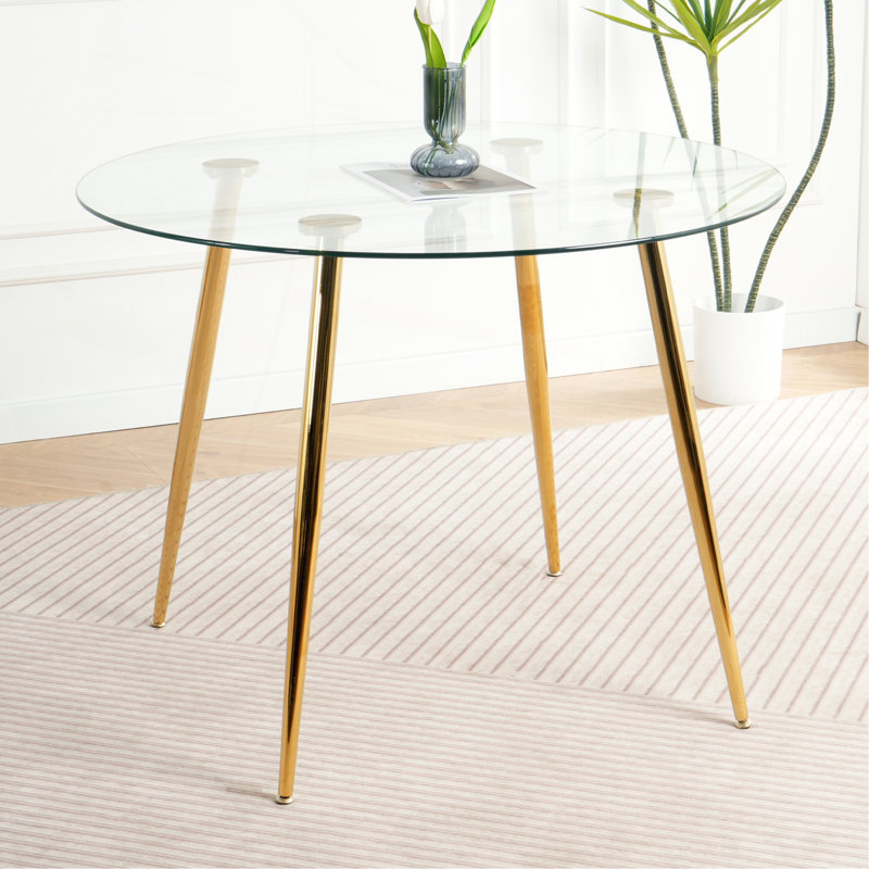 Table de salle à manger moderne en verre 39,4 po avec comptoirs en verre transparent et pieds en métal plaqué or Modern, Doré