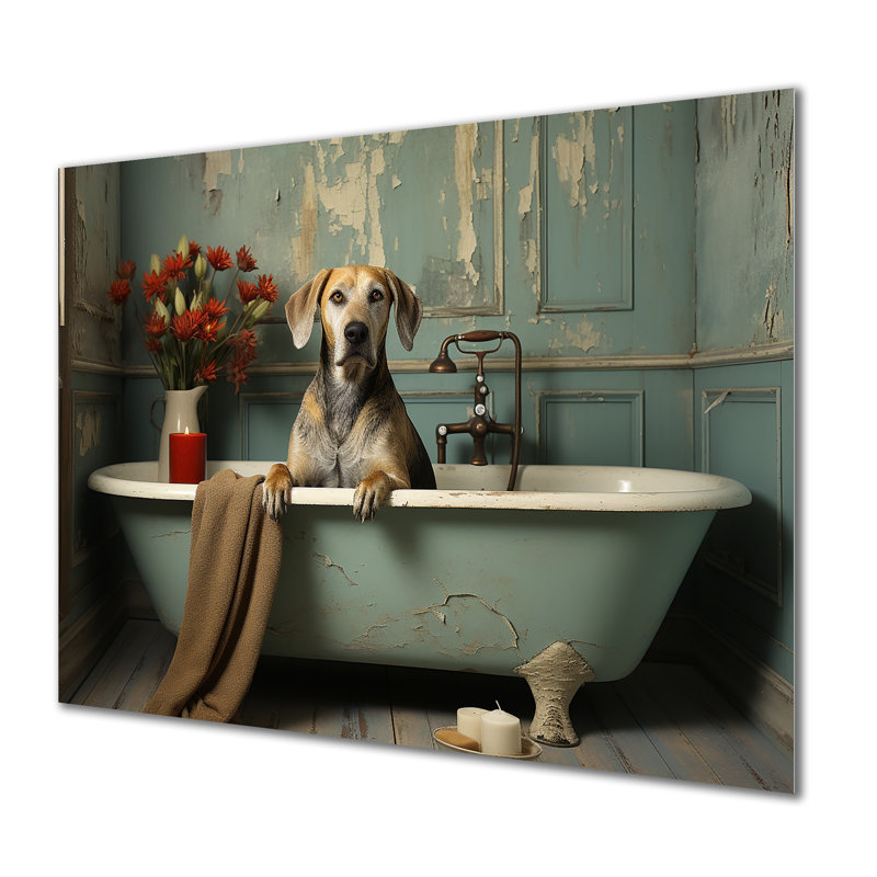 «Red Floral Doggy Bath Haven» - Art mural en métal pour salle de bain MT132119, H 12 po x l 20 po x P 1 po