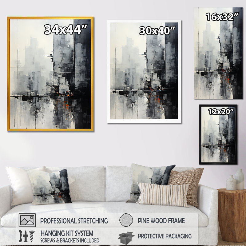 Grey skyline skyscrapers horizon III - Skyscrapers Canvas Wall Decor, Gold Floater Framed, 40" H x 30" W x 1.5" D