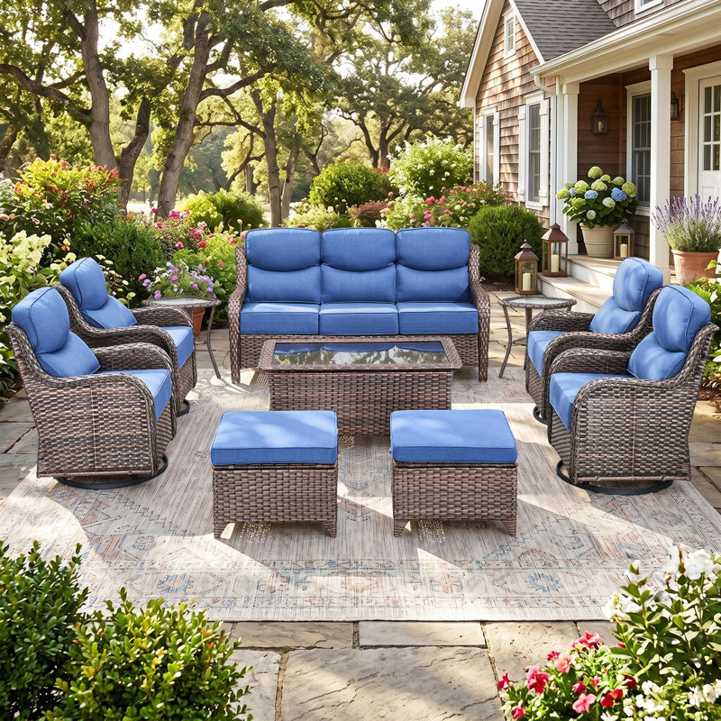 Ensemble de conversation de 10 pièces avec coussins pour la famille en osier de 10 po avec table basse, Bleu, Brun