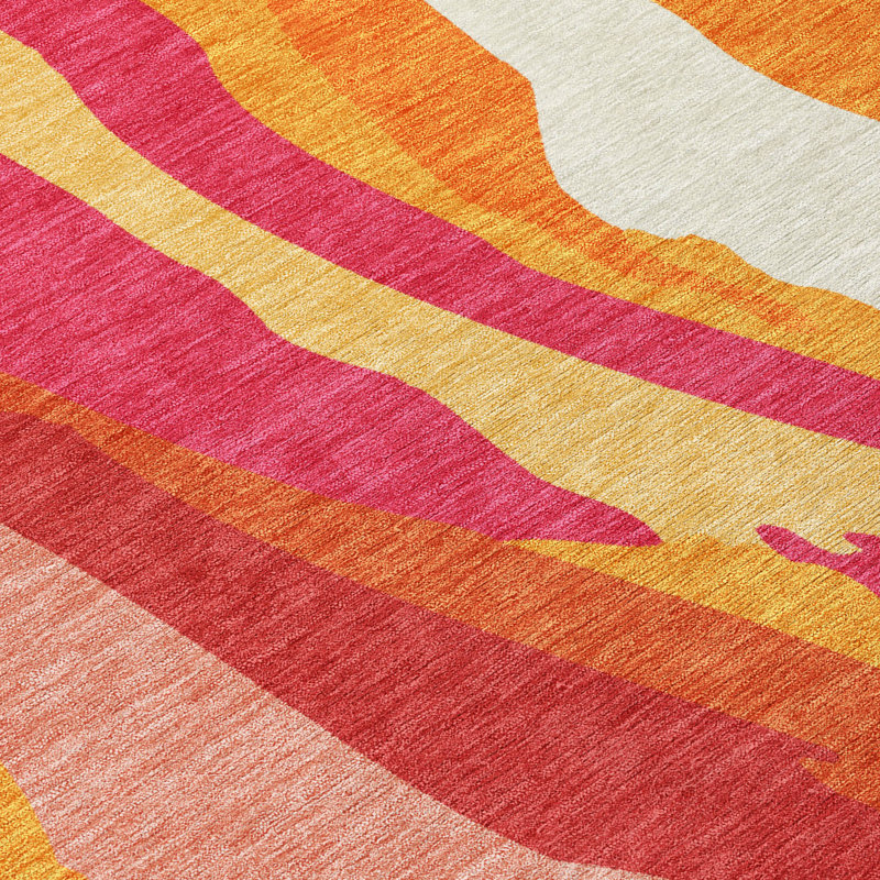 Blush and Orange Synthetic Washable Area Rug