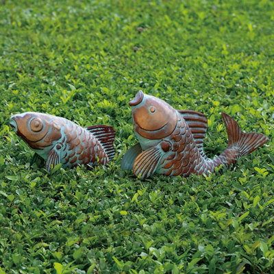 Set of 2 Koi Fish Decor Outdoor Statue Sculpture Garden Pond Fishes Yard Art Antique Copper