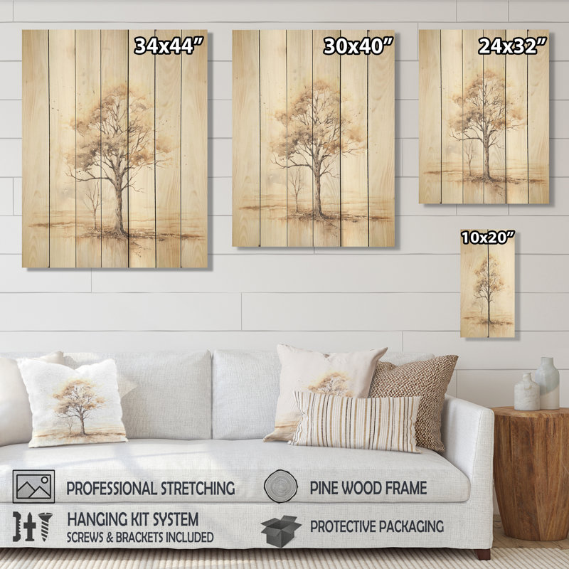 Beige, minimalisme, paysage africain II, arbre africain sur bois, H 20 po x l 10 po