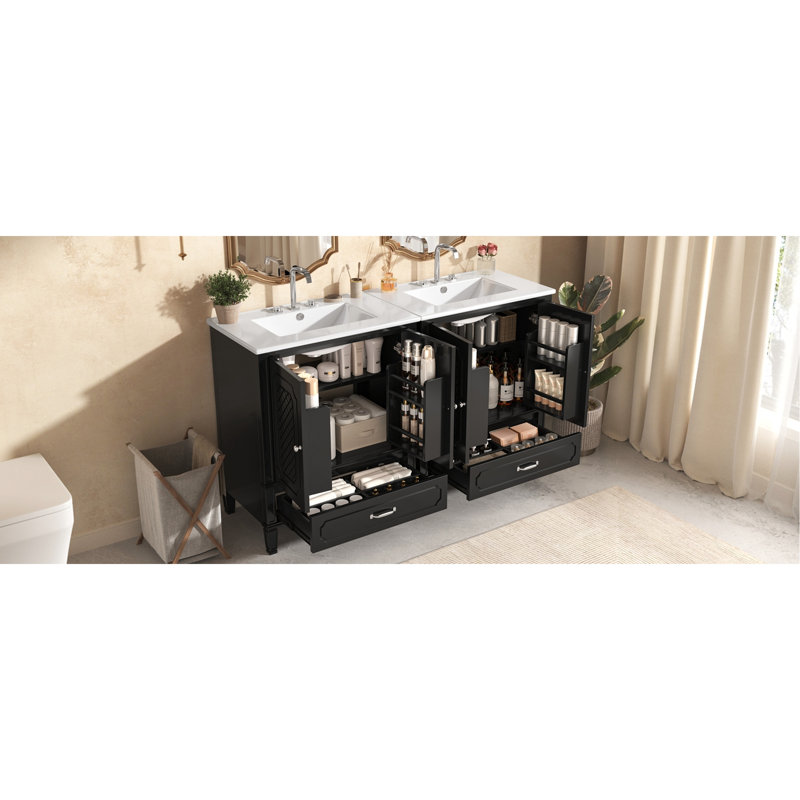 Meuble-lavabo double 60 po à double cuve de style classique, grand rangement, portes à fermeture en douceur avec lavabo, 2 armoires, tiroirs, design rétro, facile à nettoyer