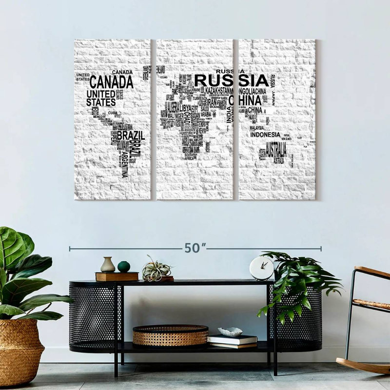 Carte du monde en brique sur 3 pièces, H 32 po x l 50 po x P 1,25 po